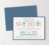 jack and jill co-ed baby shower invitation with multi-colored pastel text, whimsical fonts, baby pin detail, navy blue striped border