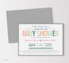 jack and jill co-ed baby shower invitation with multi-colored pastel text, whimsical fonts, baby pin detail, gray striped border, double sided