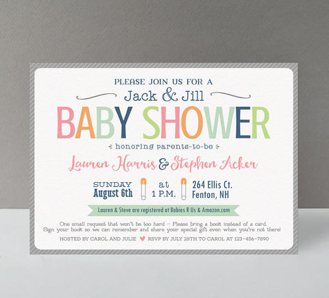 jack and jill co-ed baby shower invitation with multi-colored pastel text, whimsical fonts, baby pin detail, gray striped border