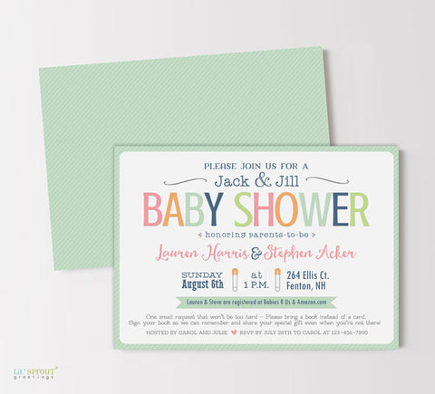 jack and jill co-ed baby shower invitation with multi-colored pastel text, whimsical fonts, baby pin detail, mint green striped border