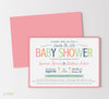 jack and jill co-ed baby shower invitation with multi-colored pastel text, whimsical fonts, baby pin detail, pink striped border