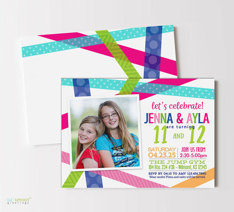 joint birthday party invitation in horizontal format with colorful patterned stripes and a single photo, girl colors