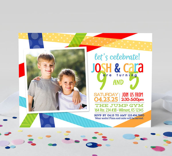 joint birthday party invitation in horizontal format with colorful patterned stripes and a single photo