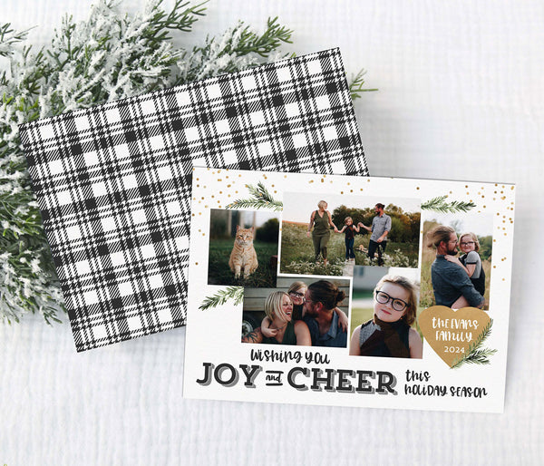 multiple photo christmas card with 5 photos, white background, black text, gold confetti and pine branches, back side has black and white plaid 