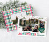 colorful christmas photo card with 5 photos, watercolor pine branches, multi-color confetti and text and a plaid background