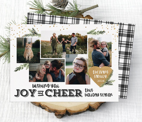 multiple photo christmas card with 5 photos, white background, black text, gold confetti and pine branches, back side has black and white plaid 