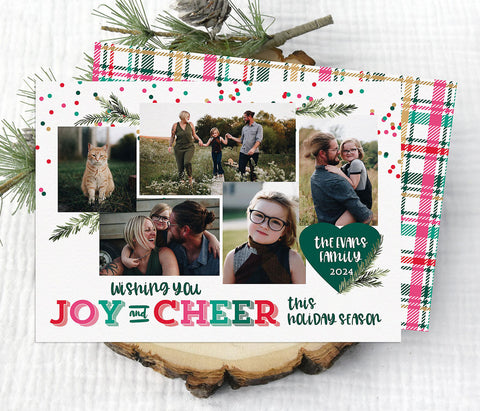 colorful christmas photo card with 5 photos, watercolor pine branches, multi-color confetti and text and a plaid background