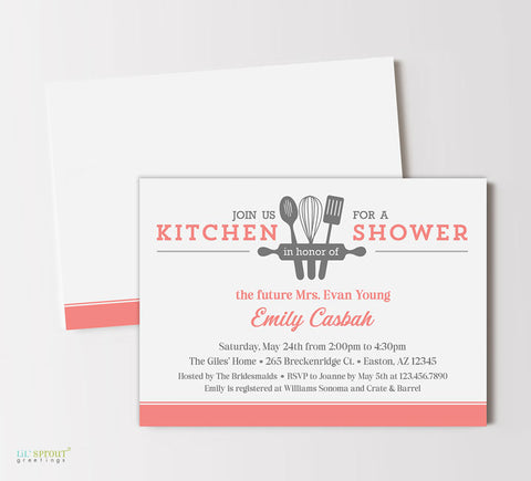 kitchen themed bridal shower invitation with white background, pink colored text, and gray utensil graphic, double sided