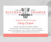 kitchen themed bridal shower invitation with white background, pink colored text, and gray utensil graphic