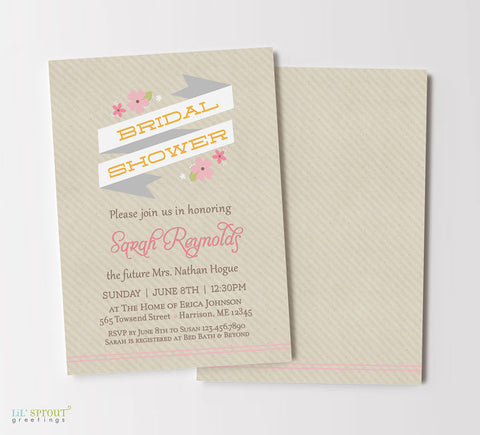 vertical wedding shower invite with pink floral accents, a white ribbon detail and a lightly striped kraft background, double sided