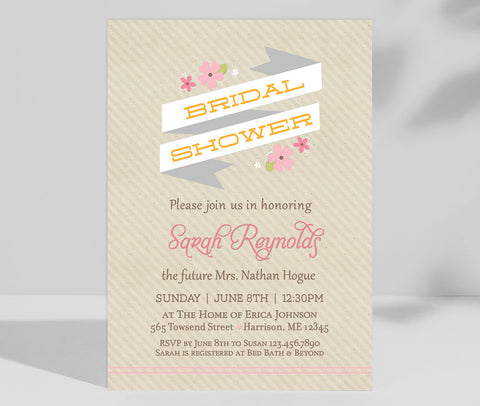 vertical wedding shower invite with pink floral accents, a white ribbon detail and a lightly striped kraft background