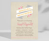 vertical wedding shower invite with pink floral accents, a white ribbon detail and a lightly striped kraft background