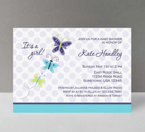 butterfly baby shower invitation with lavender polka dot background, turquoise and lime green accents