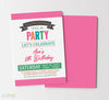 girl birthday party invitation with dark pink striped background, colorful text and various fonts