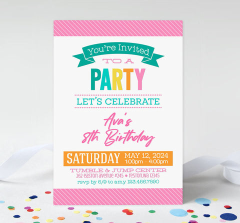 girl birthday party invitation with pink striped background, colorful text and various fonts