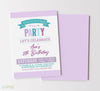 girl birthday party invitation with purple striped background, colorful text and various fonts