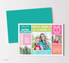 joint birthday invitation for two girls with colorful blocks, various fonts and three photos