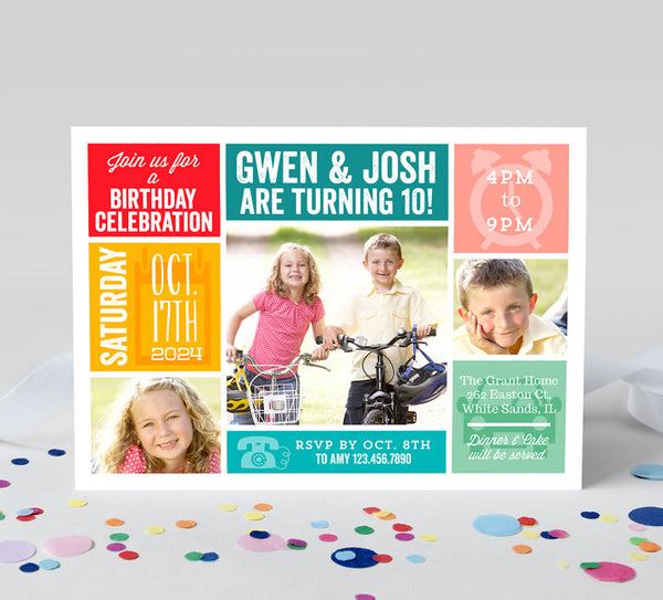 joint birthday invitation for two kids with colorful blocks, various fonts and three photos