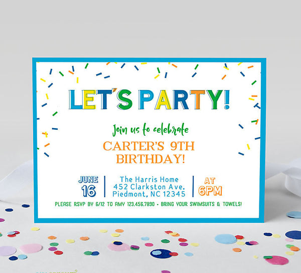 printable birthday invitation with colorful confetti and text in various fonts, blue green and yellow colors