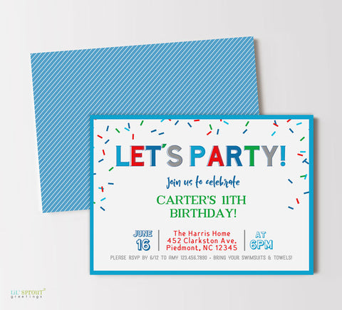 printable birthday invitation with colorful confetti and text in various fonts, blue green and  red colors, blue striped back side