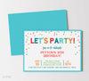 printable birthday invitation with colorful confetti and text in various fonts, rainbow colors, teal striped back side