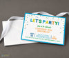 printable birthday invitation with colorful confetti and text in various fonts, blue green and yellow colors printed on cardstock