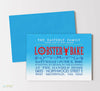 lobster bake themed party invitation with a blue to white gradient background, red and blue text and nautical elements, striped back side