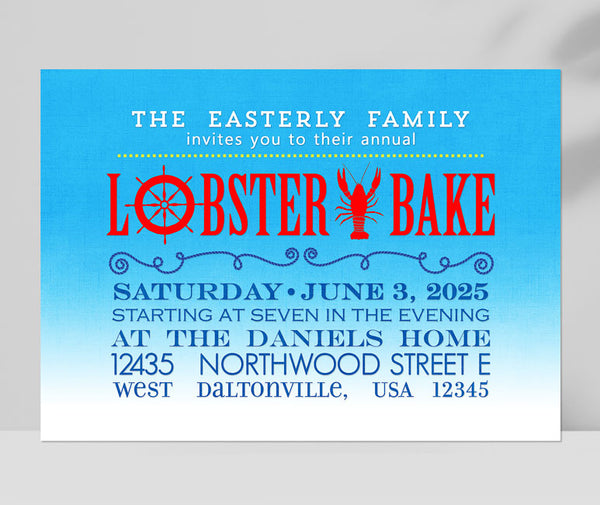 lobster bake themed party invitation with a blue to white gradient background, red and blue text and nautical elements