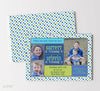 two child joint birthday party invitation in blue and green colors with polka dot background, colorful text blocks and three photos