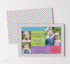 two child joint birthday party invitation in pink, purple ad green colors with polka dot background, colorful text blocks and three photos