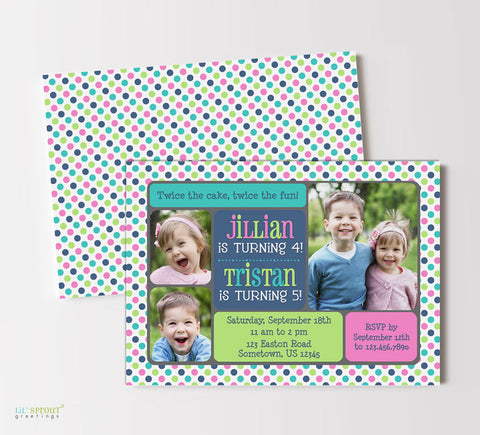 two child joint birthday party invitation in pink and blue colors with polka dot background, colorful text blocks and three photos