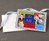 two child joint birthday party invitation in red and blue colors with polka dot background, colorful text blocks and three photos