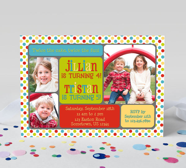 two child joint birthday party invitation in primary colors with polka dot background, colorful text blocks and three photos