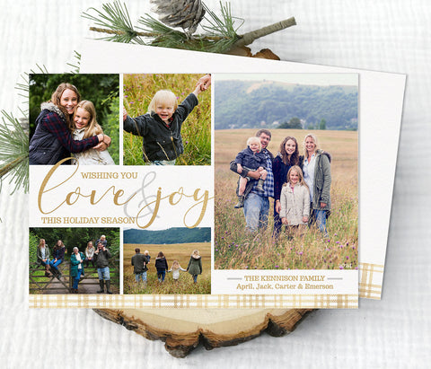 love joy white and gold holiday photo card with five photos and a plaid bottom border