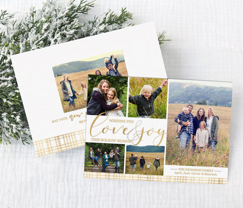 love joy white and gold holiday photo card with five photos and a plaid bottom border