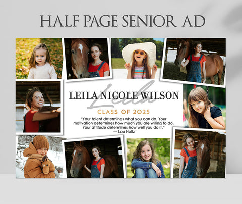 half page multi photo yearbook ad with ten photos and black text