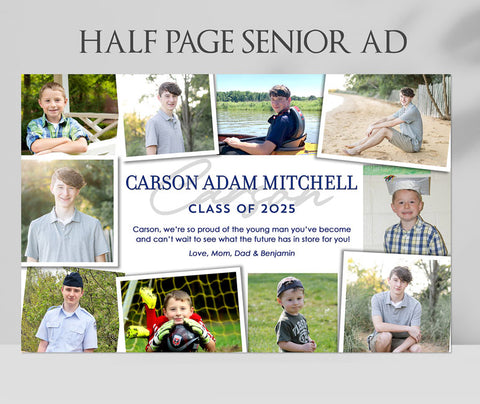 half page multi photo yearbook ad with ten photos and blue text