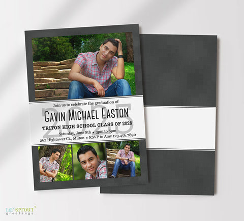 photo graduation announcement in vertical orientation with a white stripe in center containing text, one large photo along the top and three smaller photos along the bottom, black background