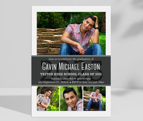 photo graduation announcement in vertical orientation with a gray stripe in center containing text, one large photo along the top and three smaller photos along the bottom