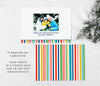 christmas photo card back side with rainbow colored stripes, single photo & text