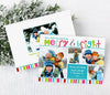 christmas photo card with teal, pink, red & green colored stripes, merry & bright text and  four photos