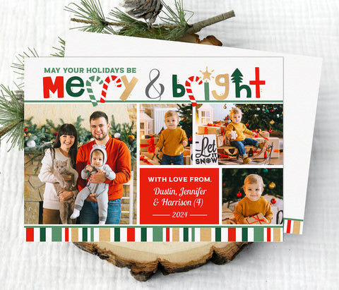 christmas photo card in traditional red, green and gold colors with four photos, merry & bright text, and stripes along the bottom