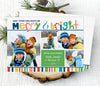 christmas photo card with rainbow colored stripes, merry & bright text and  four photos