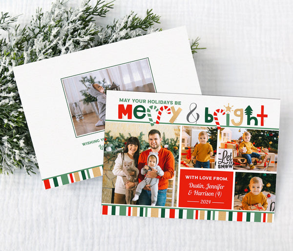 christmas photo card with red, green  & gold stripes, merry & bright text and  four photos