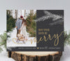 christmas photo card with gray background, a single photo, gold text and white pine branches, back side is striped gold pattern