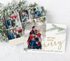 christmas photo card with white background, a single photo, gold text and green pine branches, back side is a photo collage