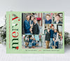 christmas photo card in modern simple design with 5 photos, light green background and red green text