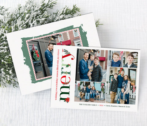 christmas photo card in modern simple design with 5 photos, white background and red green text