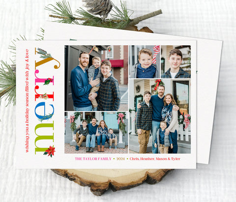 christmas photo card in modern simple design with 5 photos, white background and colorful text