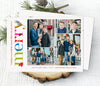 christmas photo card in modern simple design with 5 photos, white background and colorful text